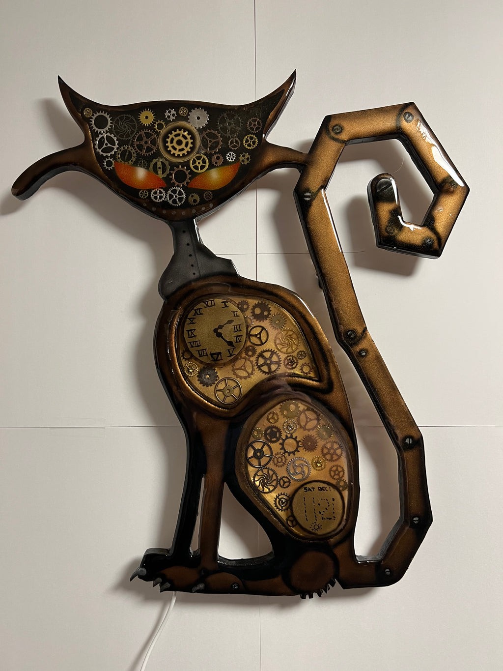 Steampunk inspired cat wall decoration.  Only 1 available