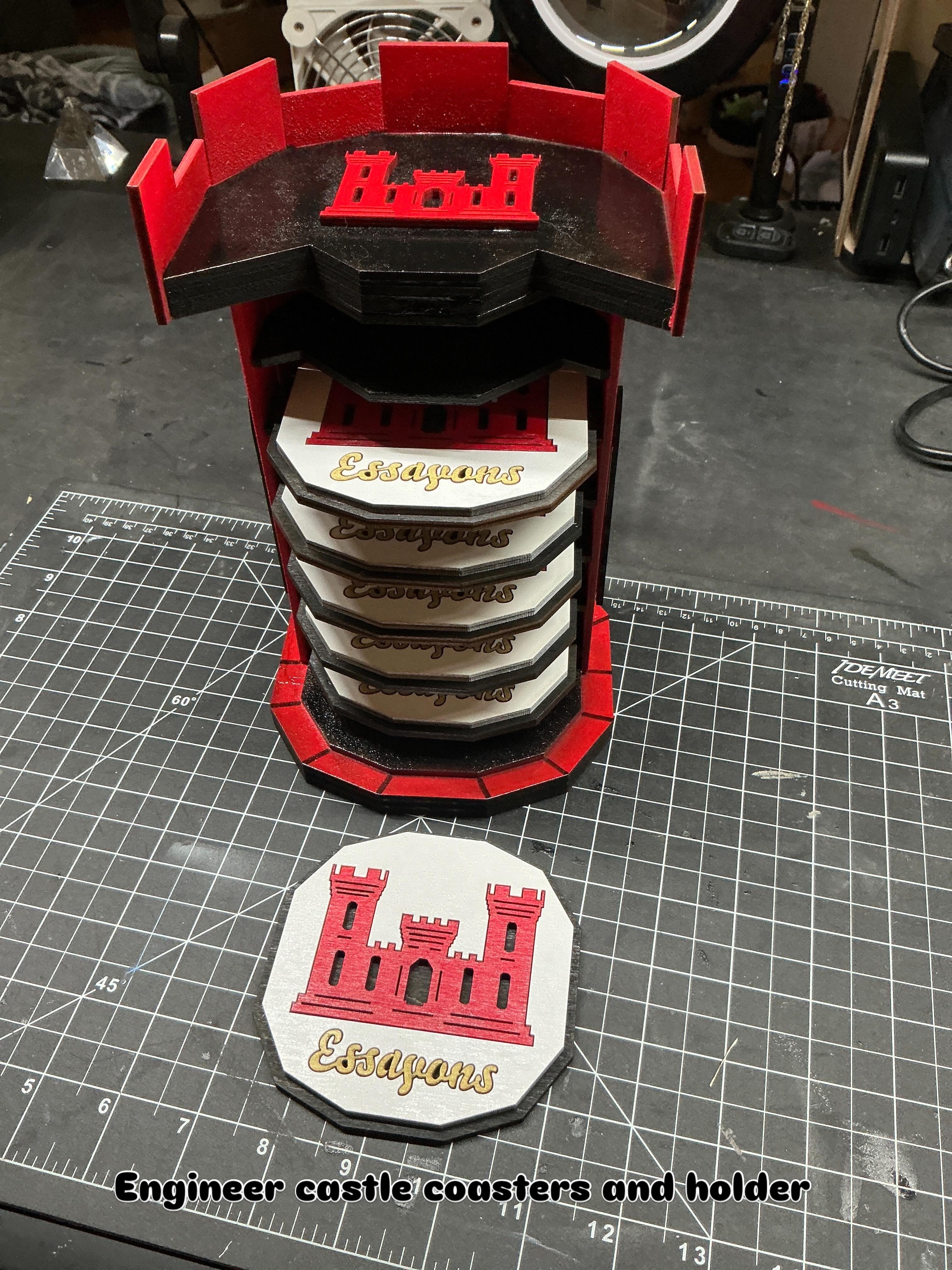 Essayons!  Set of 6 coasters with engineer-styled castle tower