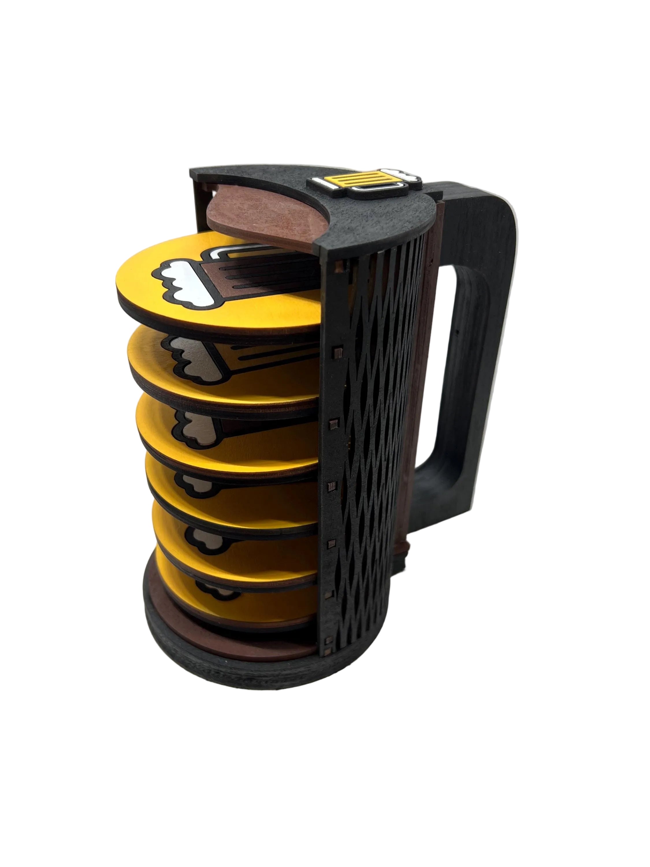 Six pack! Set of (6) coasters with custom holder. Beer styled. Barware