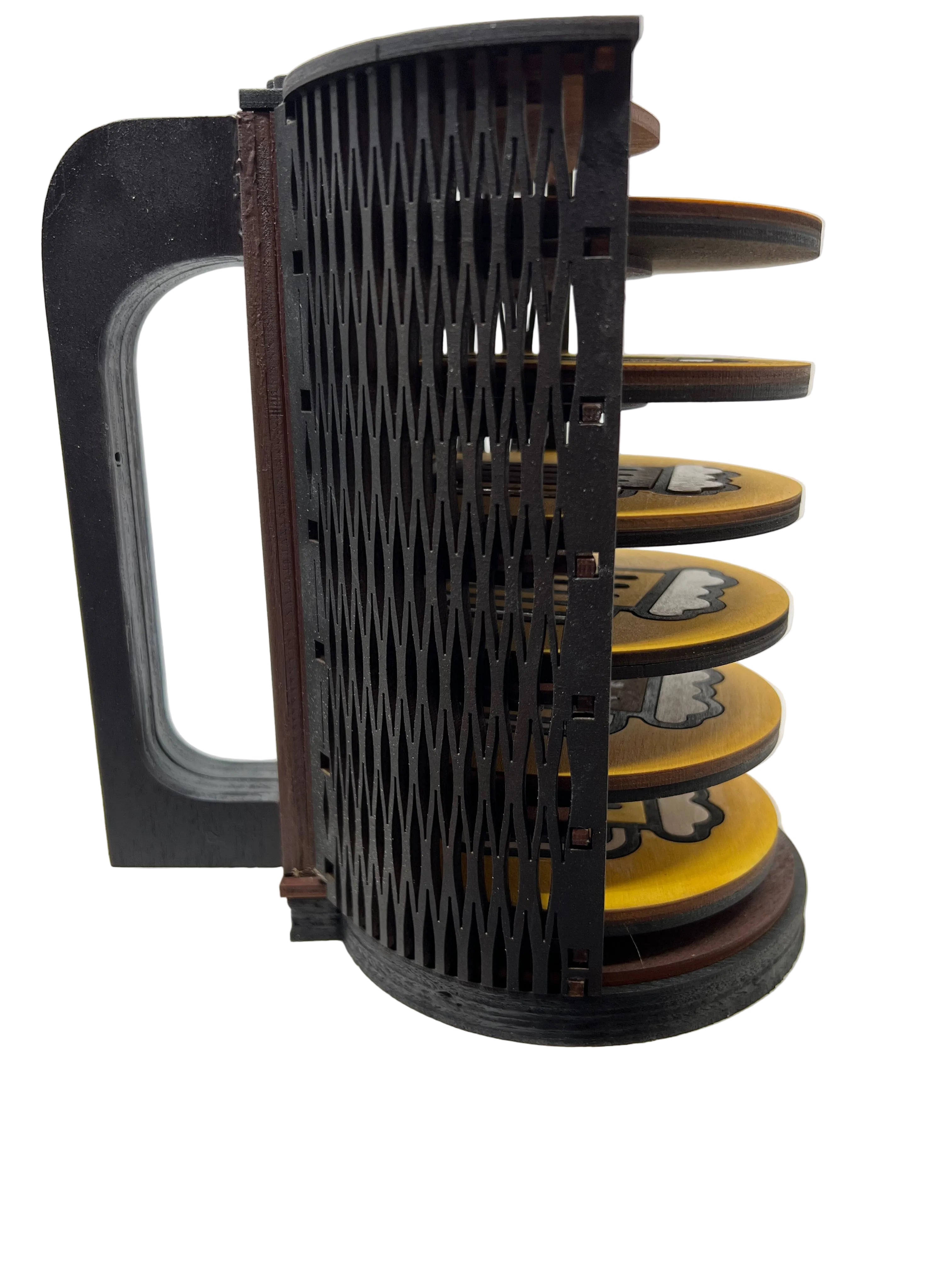 Six pack! Set of (6) coasters with custom holder. Beer styled. Barware